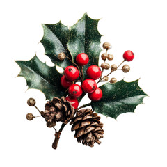 Christmas decoration with holly, mistletoe, and pine cone isolated on a white or transparent background, Christmas tree decoration