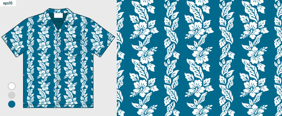 Striped hibiscus flower pattern for summer fashion clothing, mockup hawaii shirt tropical design, textile print vector for beachwear, not AI generated © kirkchai