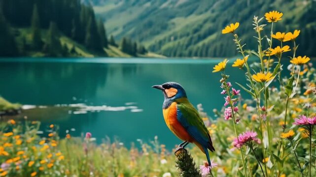 Vibrant Hummingbird Perched Among Bright Hibiscus Flowers in Nature