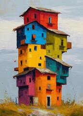 Oil Painting Poster - Stacked Vibrant Houses