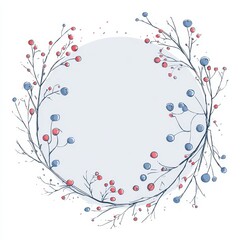 Delicate circular wreath with berries and branches on a light gray backdrop
