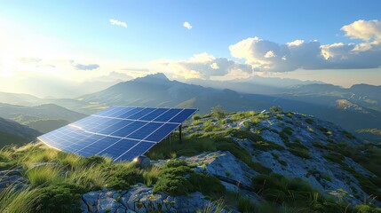 Solar panel installation on a rocky hilltop overlooking a mountain range under a partly cloudy sky