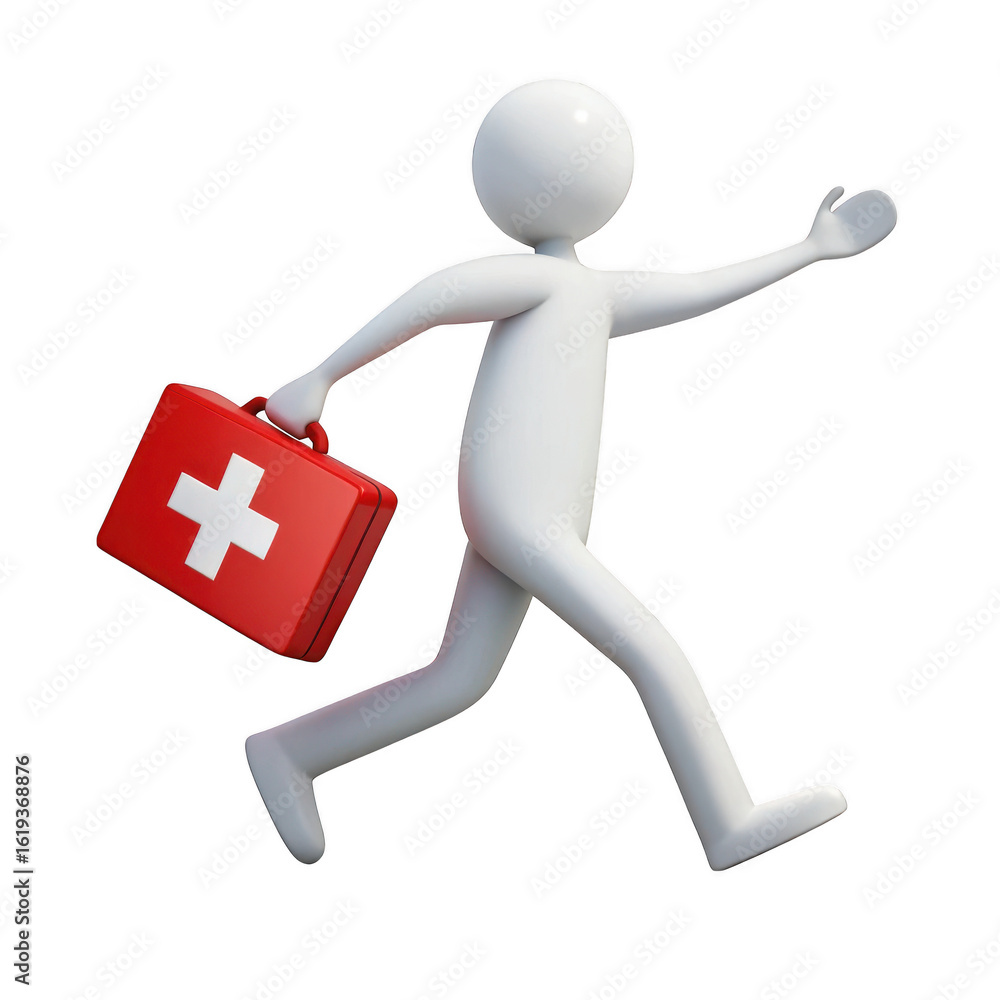 Poster 3d running stick figure with first aid kit isolated on transparent background