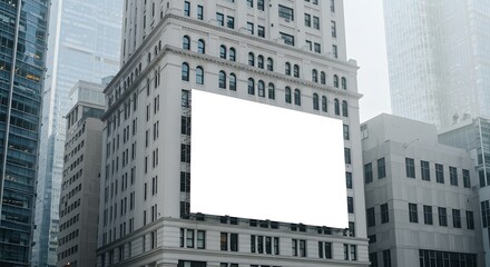 A large blank billboard is mounted on the side of a classic white building in a dense urban environment, surrounded by other tall skyscrapers under a cloudy sky