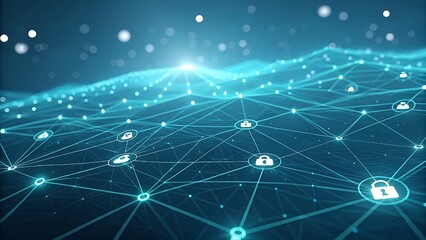 Abstract Network with Security Icons and Connections in a Digital Landscape