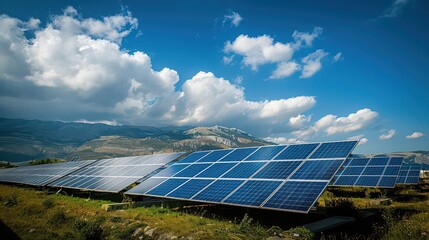A scenic view of solar panels against a backdrop of mountains and a cloudy blue sky on a sunny day