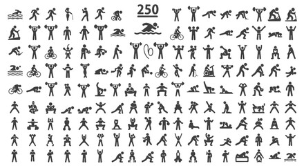 Mega pack of 250 exercise and fitness icons. A huge collection of stick figure pictograms showing workout and sport activities.

