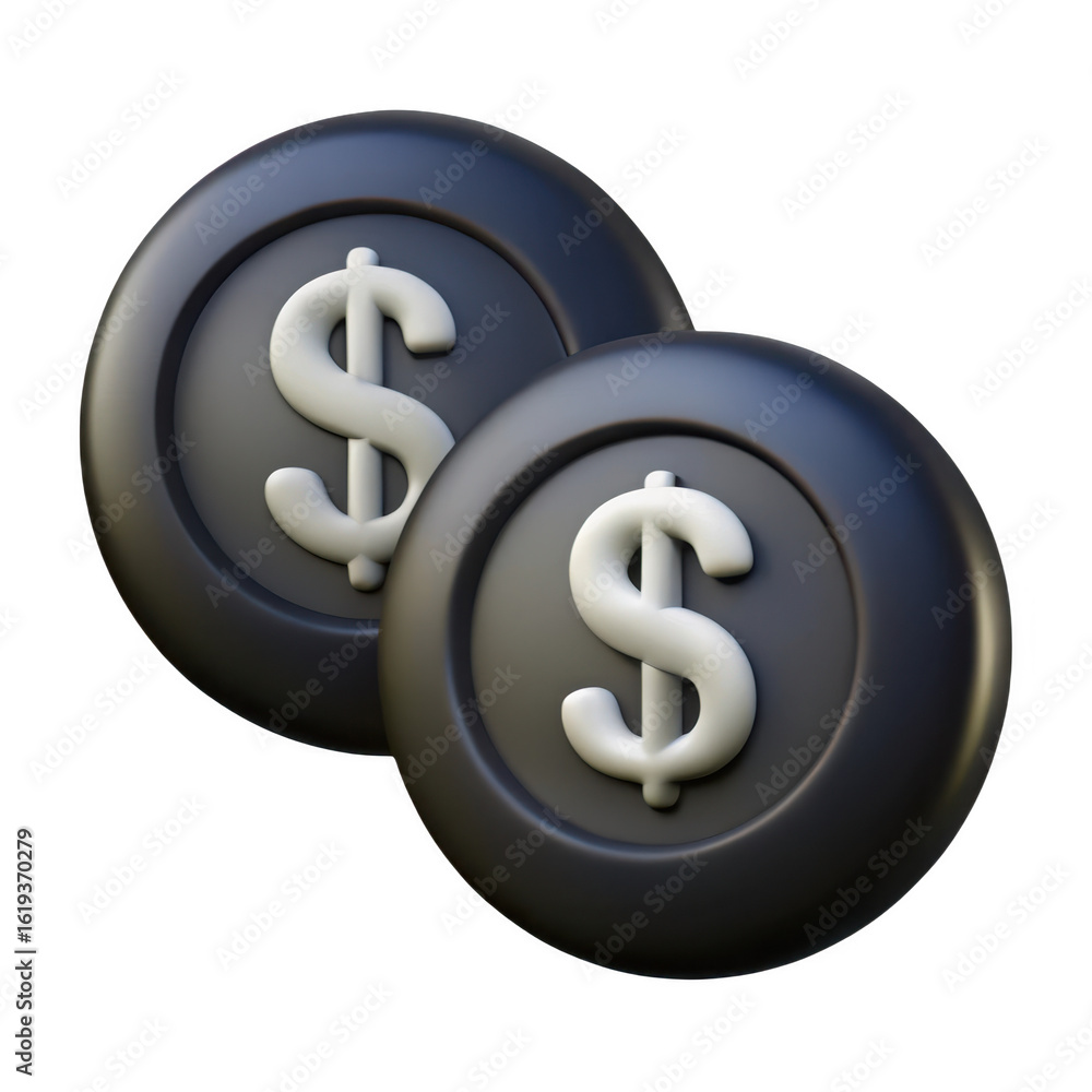 Poster two realistic 3d coins with dollar symbols isolated on transparent background