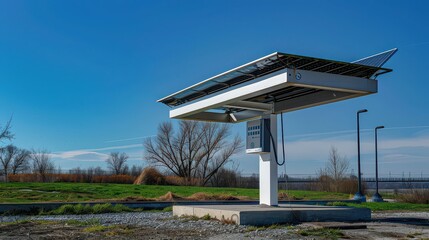 Solar powered charging station for electric vehicles under a clear blue sky on a sunny day outdoors
