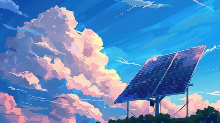 Illustration of solar panel against a vibrant blue sky with fluffy pink and white clouds in the background