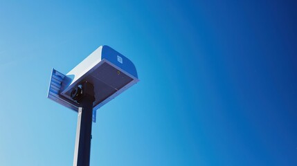 A low angle shot of a modern street light against a clear blue sky on a bright sunny day outside