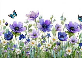 Watercolor floral border with anemones, daisies, and butterflies