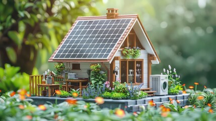 A miniature house with solar panels on the roof surrounded by flowers and green foliage outside