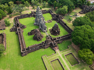 Drone shot the aerial view of Phimai Historical Park. the ancient stone temple Nakhon Ratchasima,...