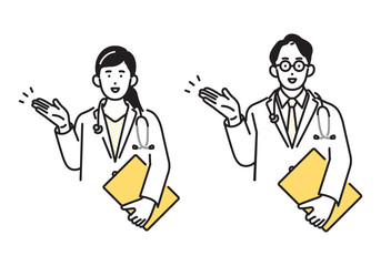 シンプル　イラスト　医者の男性と女性の上半身 人物セット