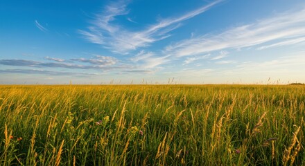 Golden Meadow: Tall Grasses Under a Bright Blue Sky with Wispy Clouds