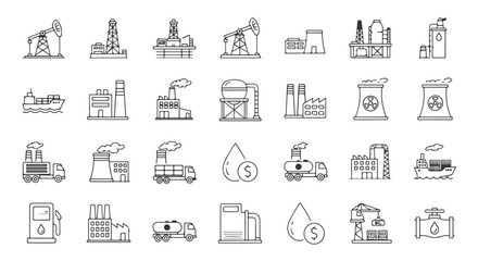 Heavy industry and manufacturing vector icons. A comprehensive collection of factory, plant, and engineering symbols for corporate and industrial design.

