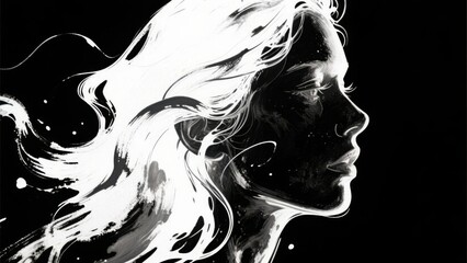 Fototapeta premium Monochromatic Profile of a Woman with Flowing Hair