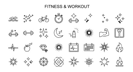 Line icons for fitness apps and health trackers. A complete UI symbol set for logging exercise, goals, calories, and personal health stats.

