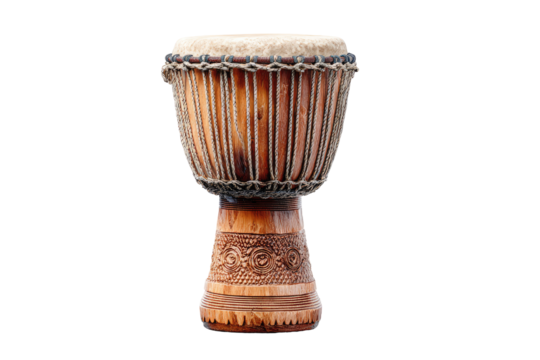 Close-up of a traditional wooden drum.  Light brown wood body,  natural leather head, rope lacing.  Carved design on the base.  Isolated on black