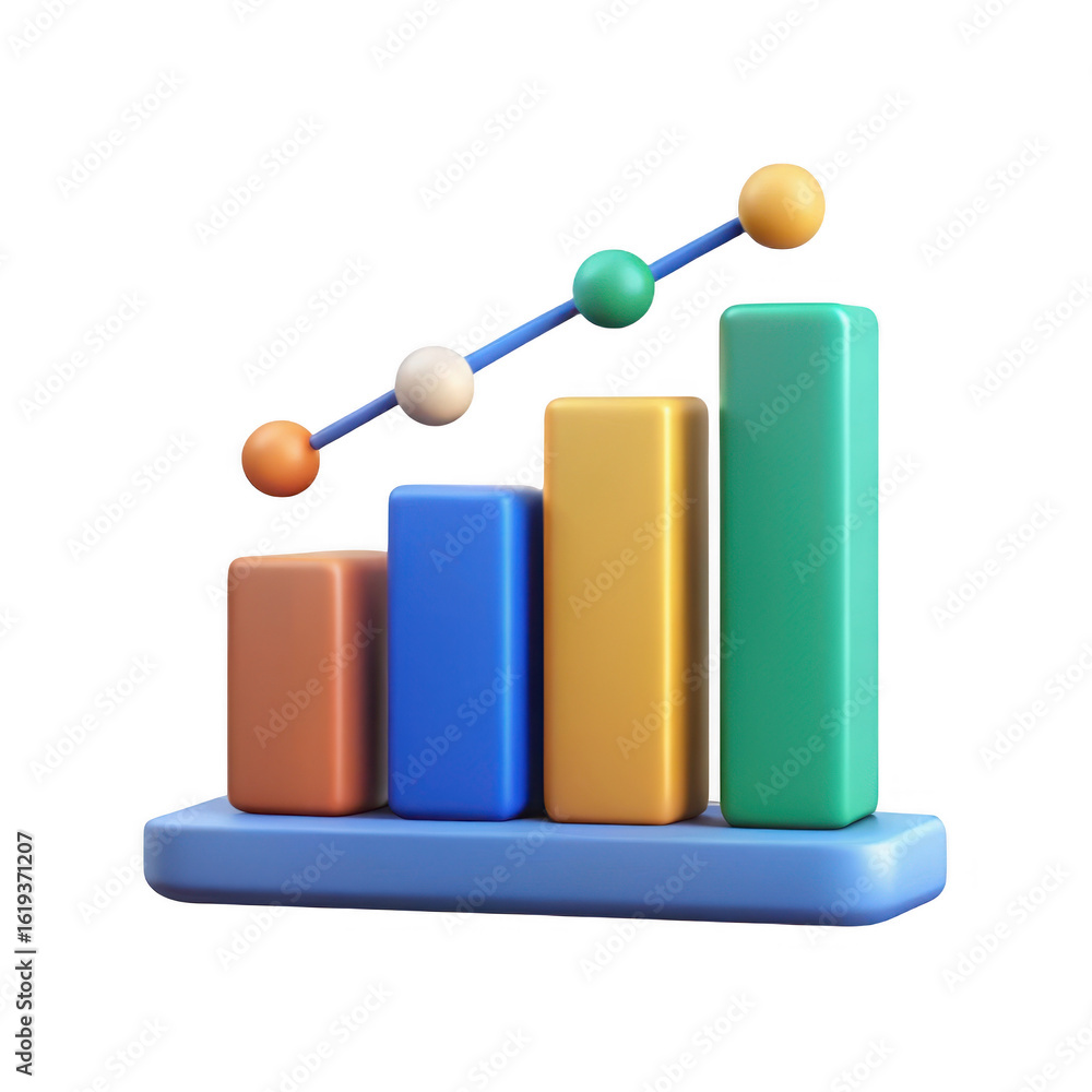 Poster 3d bar chart with upward trend line isolated on transparent background