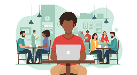 Diverse group of people working and socializing in a modern cafe, perfect for illustrating remote work, coworking spaces, or community.
