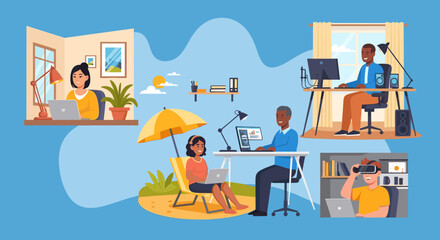 Diverse group of people working remotely from various locations, perfect for illustrating remote work, flexibility, and work-life balance.