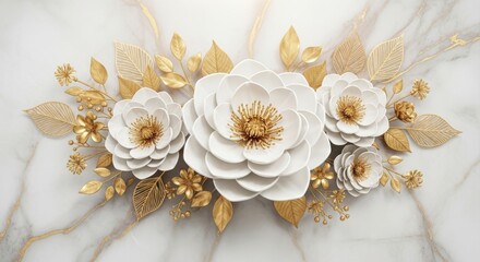Elegant white and gold floral arrangement on marble background