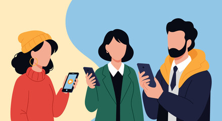 Diverse group of people using smartphones, ideal for mobile app marketing or social media campaigns.