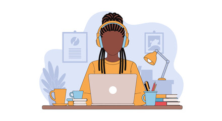 Woman working from home on laptop, wearing headphones, perfect for website banners or blog posts about remote work.