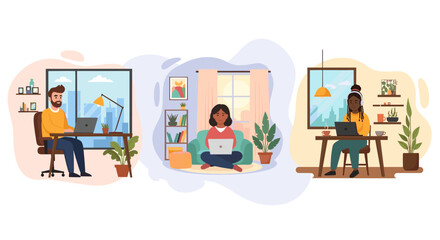 Fototapeta premium Diverse group of people working remotely from home, ideal for illustrating work from home, telecommuting, or remote work concepts.