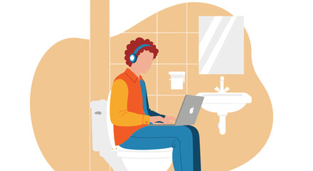 Illustration of a man working on his laptop while sitting on a toilet, perfect for articles about remote work or work-life balance.