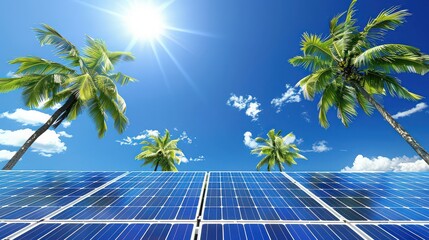Solar panels under a bright sun with palm trees and a blue sky creating an environment friendly scene