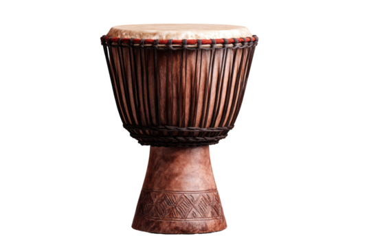 Close-up of a traditional hand drum.  Wooden,  brown,  round drum with a dark base.  Distinctive woven bands around the drum.  Dark colored,  handmade craftsmanship