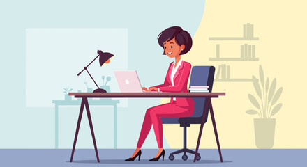 Happy businesswoman working on laptop in modern office - perfect for website banners or business brochures.