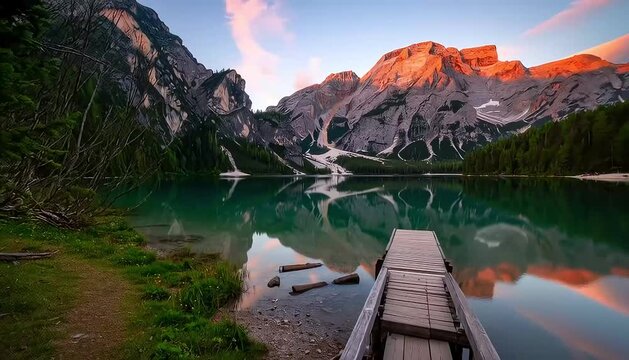 Serene Reflection at Lago di Braies with Dock and Mountain View at Sunset