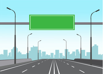 Empty highway with green road sign and city skyline background Vector Illustration