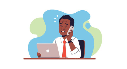 Worried businessman on phone call, laptop on desk. Illustration for website, blog, or article about business problems.