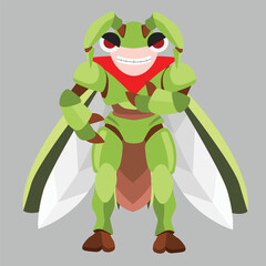 Chaector design of Future Bugman Design Cyber Insect Protector. small green grasshopper that looks strong. on isolated grey background.