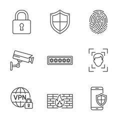 Security elements like padlock, shield, fingerprint, CCTV camera, password, face ID and VPN, Security icons for internet, personal and corporate security