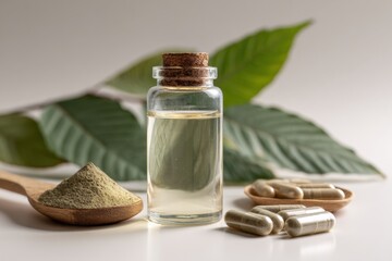 Kratom water in a clear glass bottle. Kratom extract in capsules and kratom powder placed next to them , on white background , Generative AI