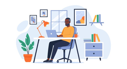 Illustration of a man working from home, perfect for blogs, websites, or social media posts about remote work.