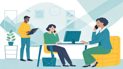 Diverse team collaborating in a modern office, ideal for website banners or business presentations.