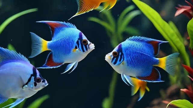 Vibrant Tropical Fish Swimming in a Lush Green Aquarium Environment
