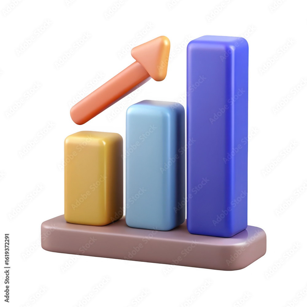Poster 3d bar chart with upward arrow isolated on transparent background