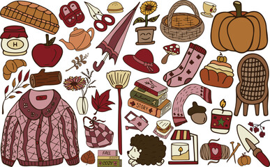 Set of Cozy Autumn and Fall Hand Drawn illustrations. Transparent Background