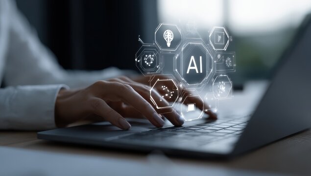 Close-up of hands typing on laptop, AI icons overlay