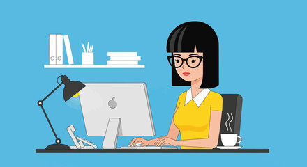 Young woman working on computer in office. Perfect for website banners, blog posts, or presentations about work and productivity.