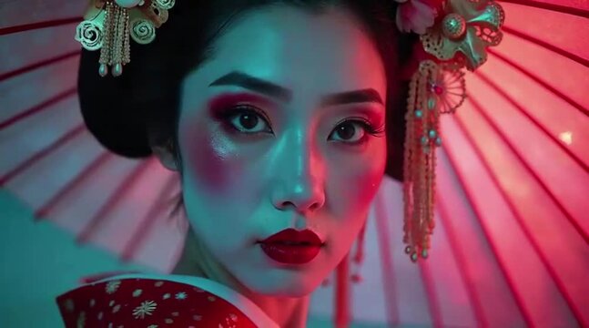 Elegant kimono beauty glows under parasol in cultural splendor
