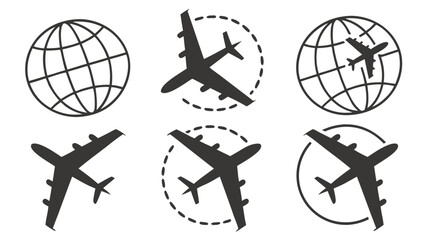 Global logistics and air freight icon set. Vector symbols representing international shipping, cargo, and worldwide delivery services.

